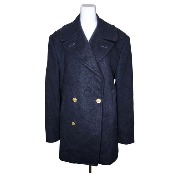 Vintage 60s US Navy Officers Peacoat Mens 44 L Black Faux Fur Lining